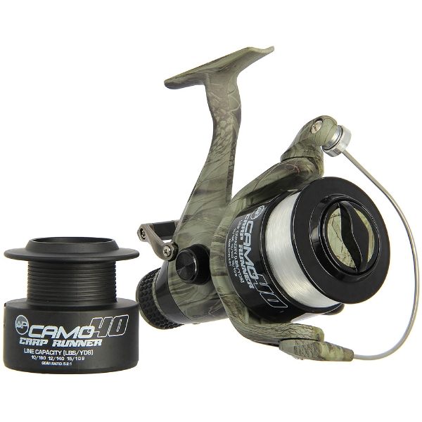 Angling Pursuits Camo 40 - 3BB Carp Runner Reel with 12lb Line and Spare Spool