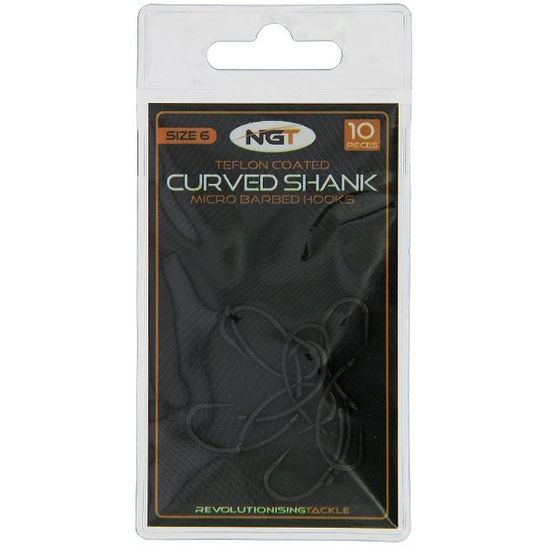 NGT Teflon Coated Curved Shank Hooks - Size 6 Micro Barbed, 10pc per Pack (Sold in 10's)