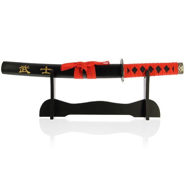 1pc Tanto Sword 'Samurai' - Black Scabard with Red Webbing and stand