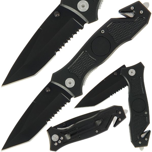 Lock Knife 043 - Black with Rope Cutter, Glass Breaker and SS Handle (043)