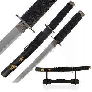 1pc Tanto Sword 'Warrior' - Black Scabard with Black Webbing and stand