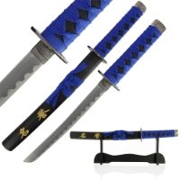 1pc Tanto Sword 'Honour' - Black Scabard with Blue Webbing and stand